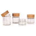 Glass container jar for cosmetic honey jam with bamboo wooden lid